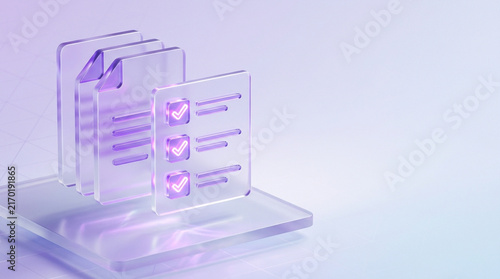 3D illustration of translucent purple glass digital documents and checklist icon with neon glowing checkmarks, representing electronic data management and task completion status.