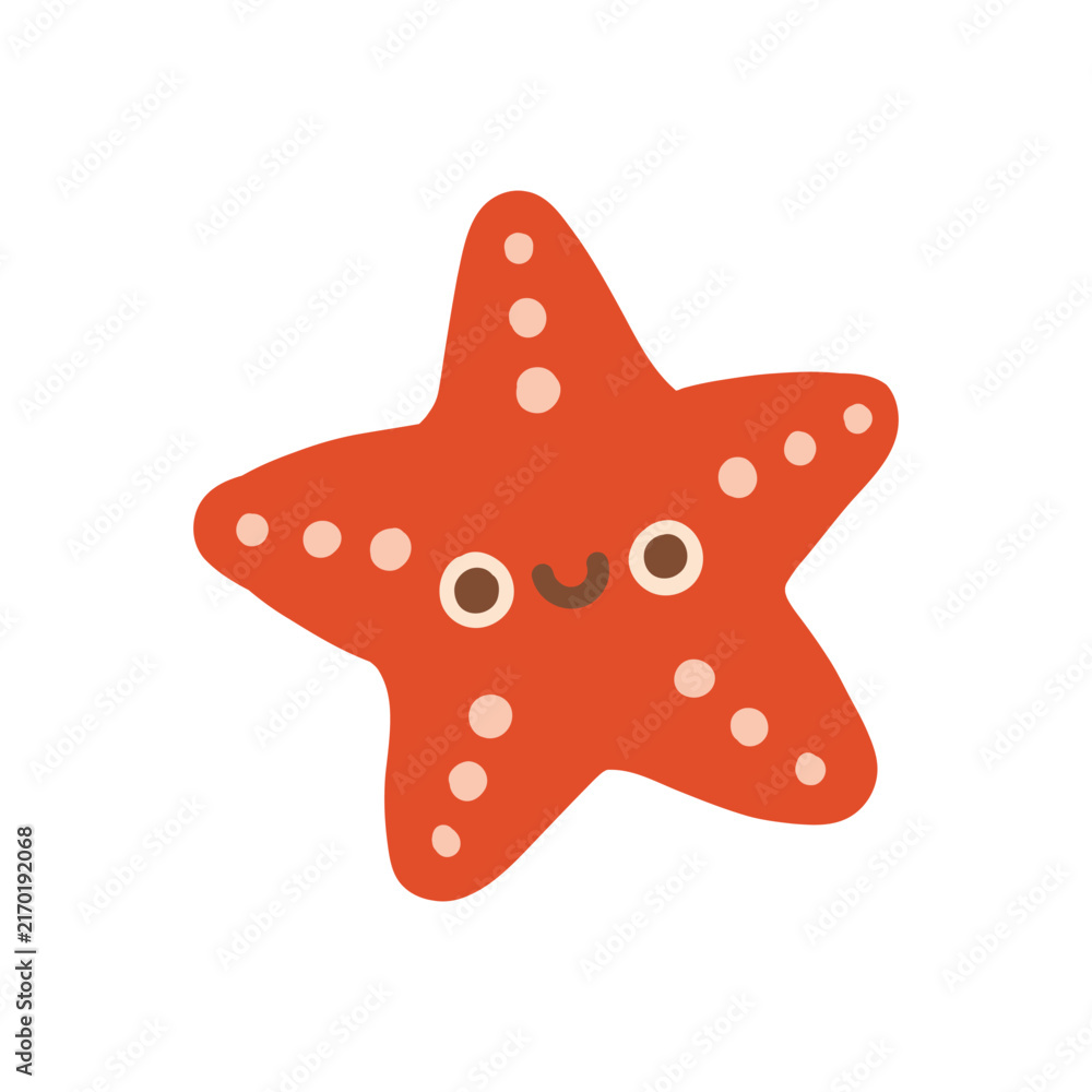 Naklejka premium Cute red starfish character vector illustration with spots. Ocean animal isolated on white background for nursery art, stickers, and summer marine decor