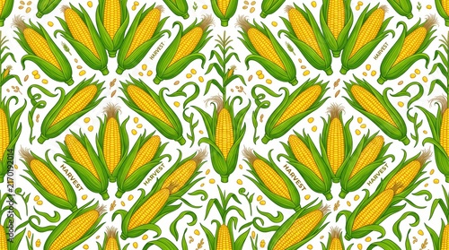 Seamless Hand Drawn Corn Pattern With Leaves.