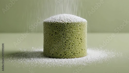 slow-motion shot of a matcha sponge cake dusted with powdered sugar