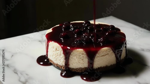 a creamy cheesecake with berry sauce gently poured on top