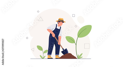 Farmer planting a seedling with a shovel, symbolizing agriculture, growth, and sustainable farming practices. Flat vector illustration.