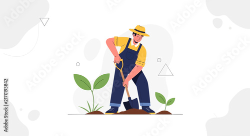 Farmer Digging Soil For Planting Seedling, Agriculture Concept Vector Illustration
