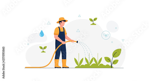 Farmer watering plants with hose, flat design illustration, agriculture and growth concept