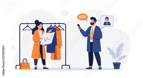 Fashion Business Meeting: Analyzing Sales Trends and Online Communication