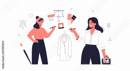 Fashion Designers Collaborating on New Collection, Sketching and Choosing Colors