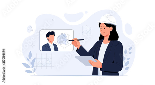 Female architect collaborating on building design with digital tools, virtual meeting and 3D model visualization.