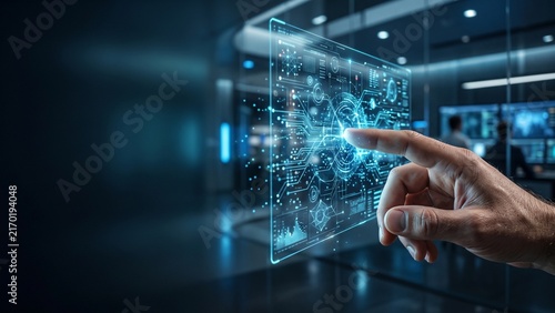 Businessman Hand Touching Futuristic Hologram Screen Digital Interface Cyber Security Data Analytics Concept. 
