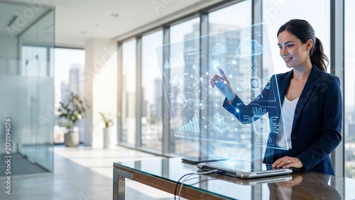 Businesswoman Interacting with Virtual Hologram Interface Cloud Computing Data Analytics in Modern Office. 