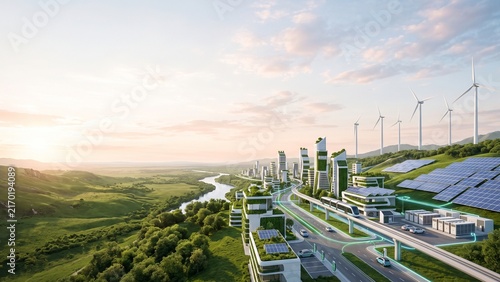 Futuristic Green Smart City with Solar Panels Wind Turbines and Electric Monorail Sustainable Energy Concept. 