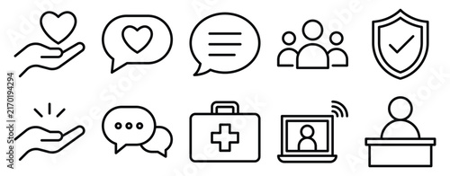 Care support icon set line style medical health service collection for customer help and protection graphic