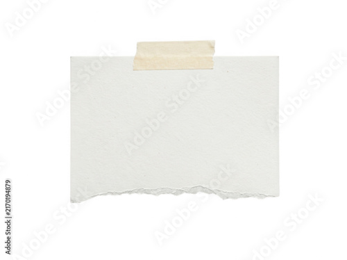 Horizontal paper scrap with torn bottom edge attached with masking tape isolated on transparent background
