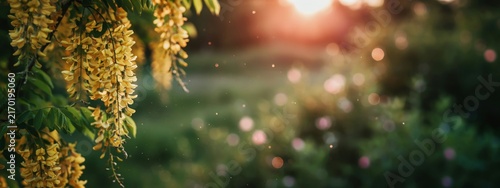 Yellow laburnum flowers blooming in a sunny garden