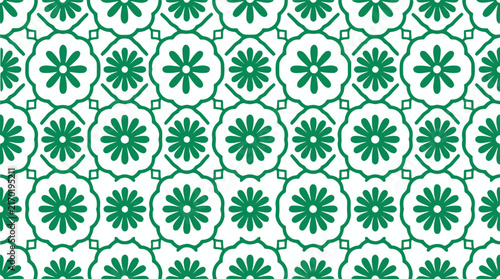 Seamless Green Floral Pattern on White Background Geometric Repeating Design