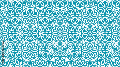Seamless Geometric Pattern with Teal Floral Motifs on White Background