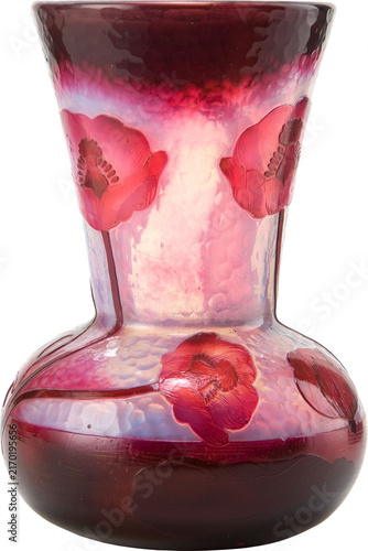 Pink layered cocktail in coupe glass with fresh strawberry garnish and frosted