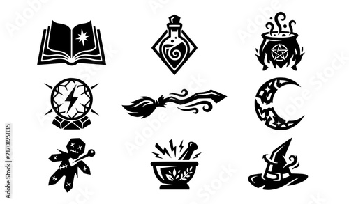 Принти на полотні Witchcraft potions and spell books vector silhouettes emblem set magic logo coll