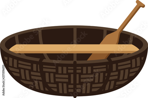 Traditional Vietnamese basket boat with wooden paddle vector illustration