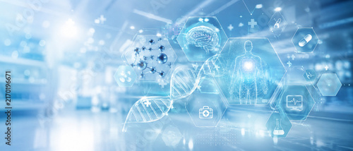 AI generated futuristic healthcare interface human body DNA brain molecules medical icons representing biotechnology diagnosis research modern medicine