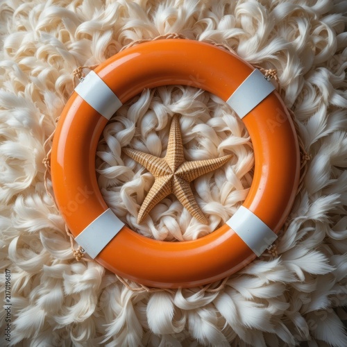 Orange Lifebuoy Ring With Starfish Centered On A Soft White Textured Wool Background Surface