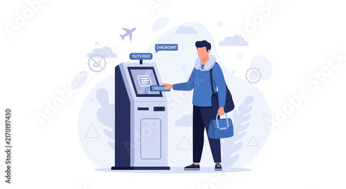 Traveler checking in at airport kiosk for flight, duty-free, and checkout with luggage