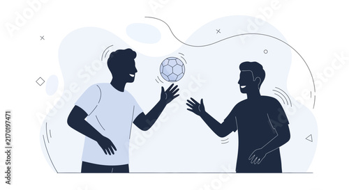 Two Happy Men Playing Soccer Together in a Flat Design Style with Abstract Background Elements