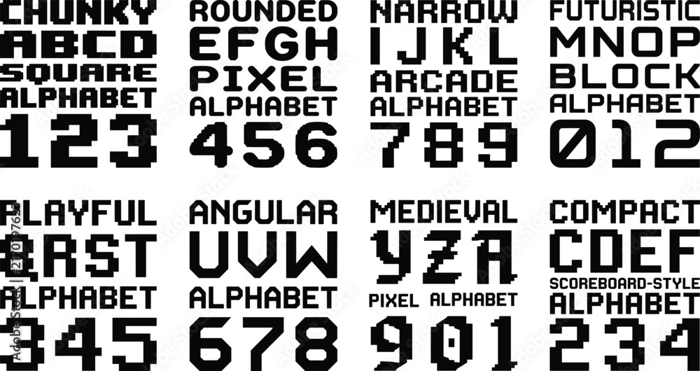 Obraz premium Black Pixel Style Vector Alphabets and Number Sets in Retro Designs