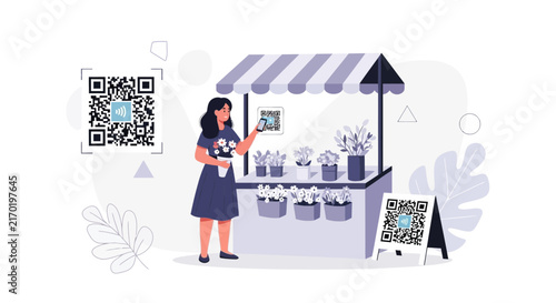 Woman scanning QR code at flower stall for payment or information, illustrating modern retail and digital technology integration