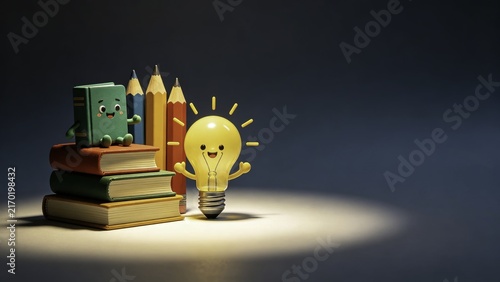 Vibrant cartoon learning concept with books pencils and ligh