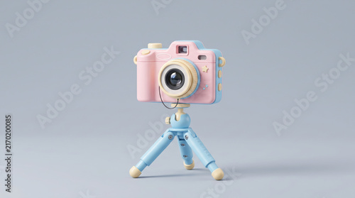 Pastel Pink Camera On Blue Mini Tripod Styled Studio.