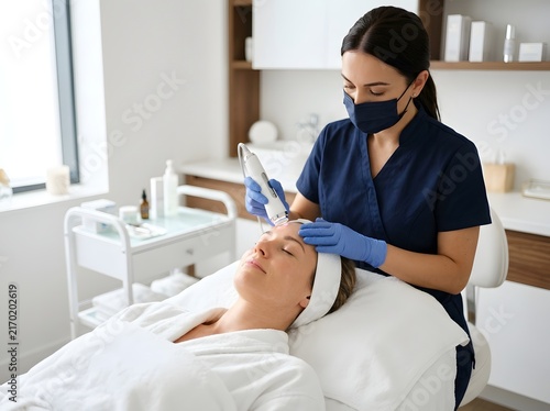 Professional esthetician administering advanced facial treatment with precision device in modern spa setting
