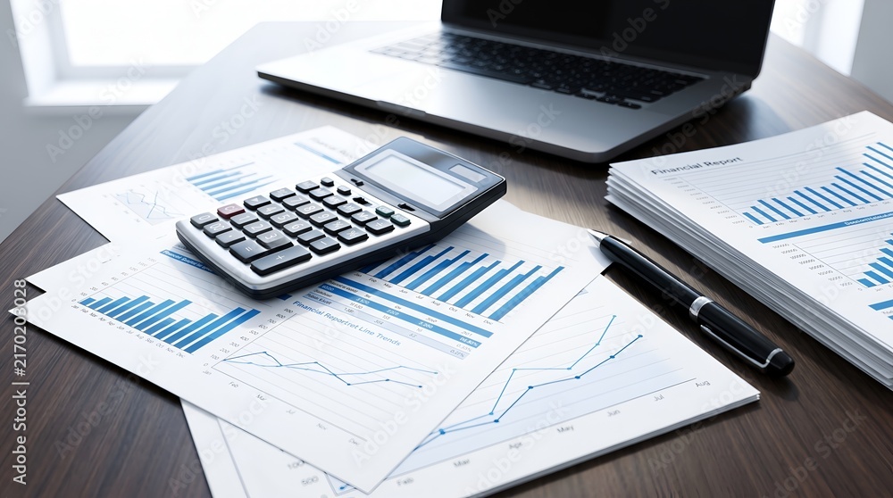Obraz premium Calculator and financial report documents on an office desk. Concept of corporate accounting and business financial analysis.