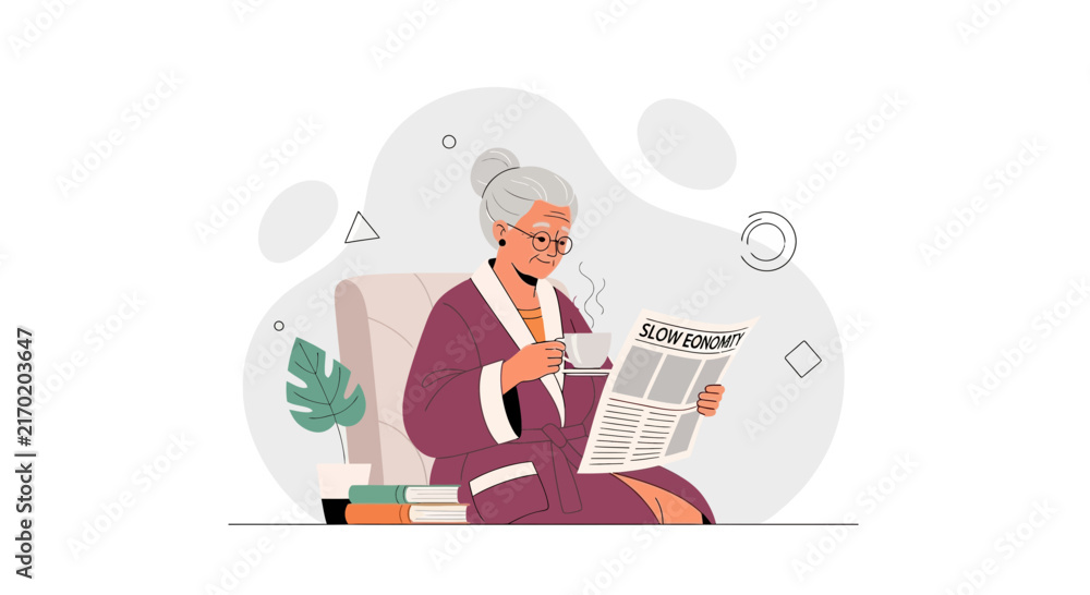 Obraz premium Elderly Woman Relaxing with Coffee and Newspaper, Reading About the Slow Economy