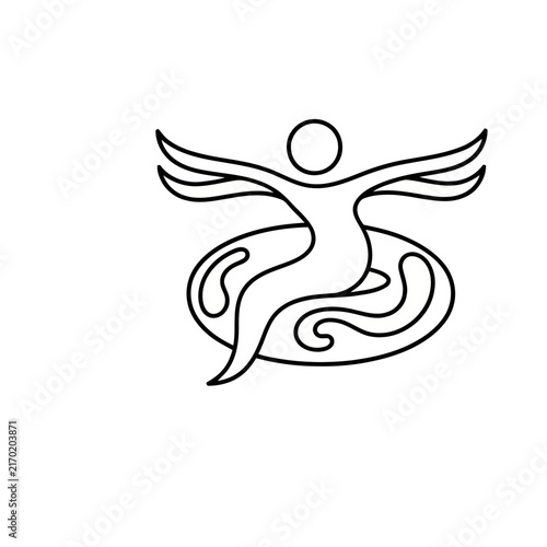 Stylized human figure with wings and swirling element