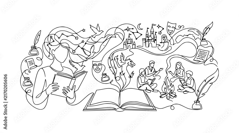 Obraz premium Imagination and Storytelling: Woman Reading Book, Fantasy World Erupts