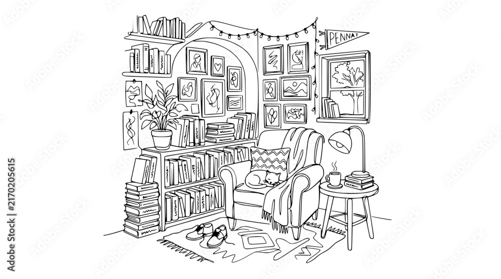 Fototapeta premium Cozy Reading Nook Illustration - Armchair, Bookshelves, Window, String Lights