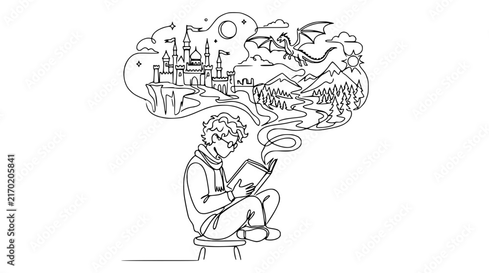 Fototapeta premium Boy Reading Book Imagining Fantasy World Castle Dragon Mountains Isolated