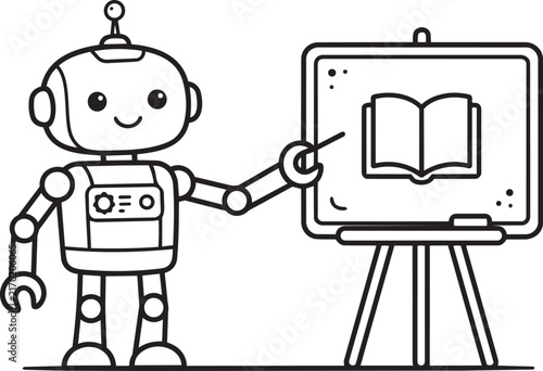 Cute robot teacher pointing at a book on a classroom board