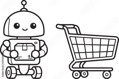 Cute robot holding a box next to a shopping cart