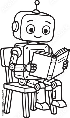 Cute cartoon robot sitting on a chair reading a book