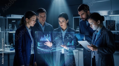 Scientific Team Collaborating On Futuristic Holographic Data Display