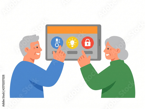 Elderly Couple Using Smart Home Interface Tablet PNG Illustration, Senior Citizens Controlling Temperature and Security