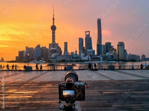 Photography shanghai skyline at sunset