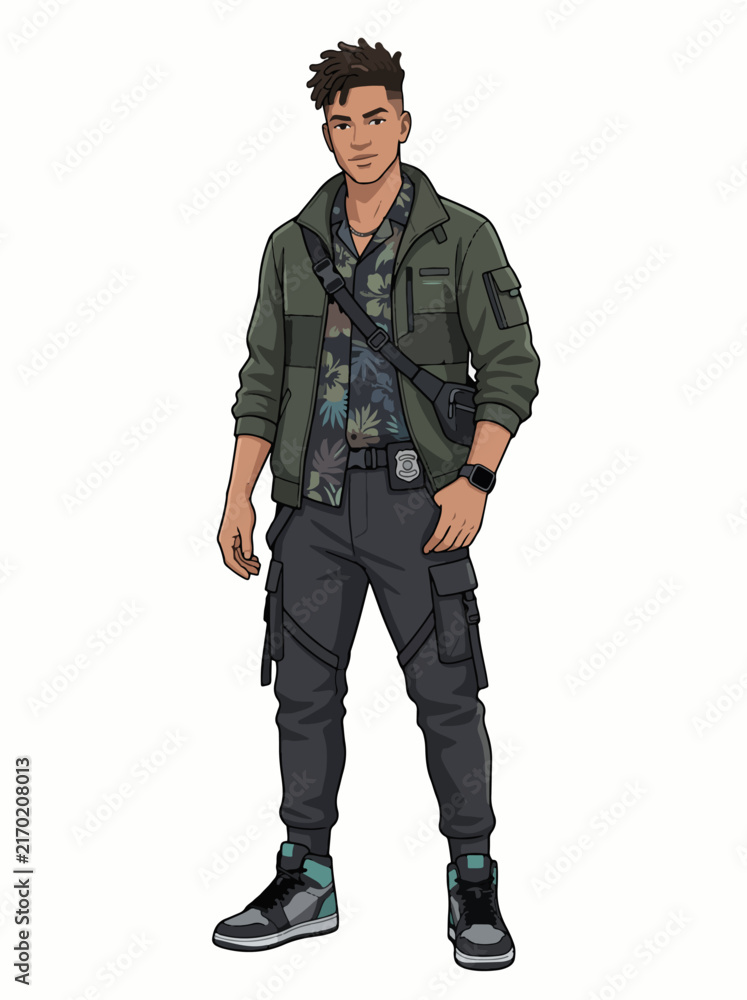Fototapeta premium Anime style male character illustration, young man in tactical streetwear and bomber jacket, urban fashion vector art