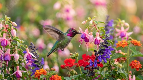 A tiny hummingbird with iridescent green plumage hovers mid-air, sipping nectar from a vibrant fuchsia flower amidst a profusion of colorful blooms.