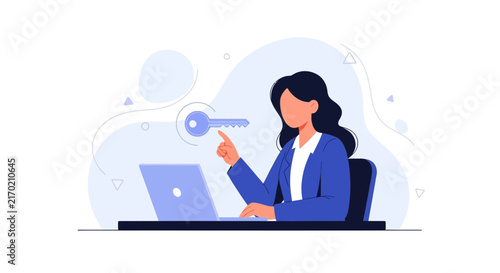 Businesswoman accessing digital key for online security and data protection on laptop