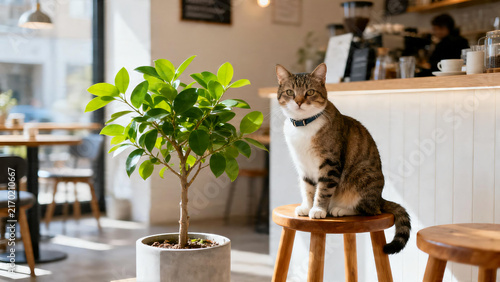 Friendly Cafe Cat Beside Indoor Plant