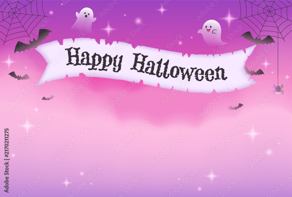 Obraz premium cute pastel halloween vector background with ghosts, bats and vintage paper copy space frame in the foggy sky