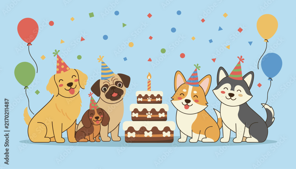 Fototapeta premium Group of five adorable dogs wearing colorful party hats sitting around a three-tiered birthday cake.