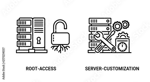 Root access and server customization black outline icons set with customization